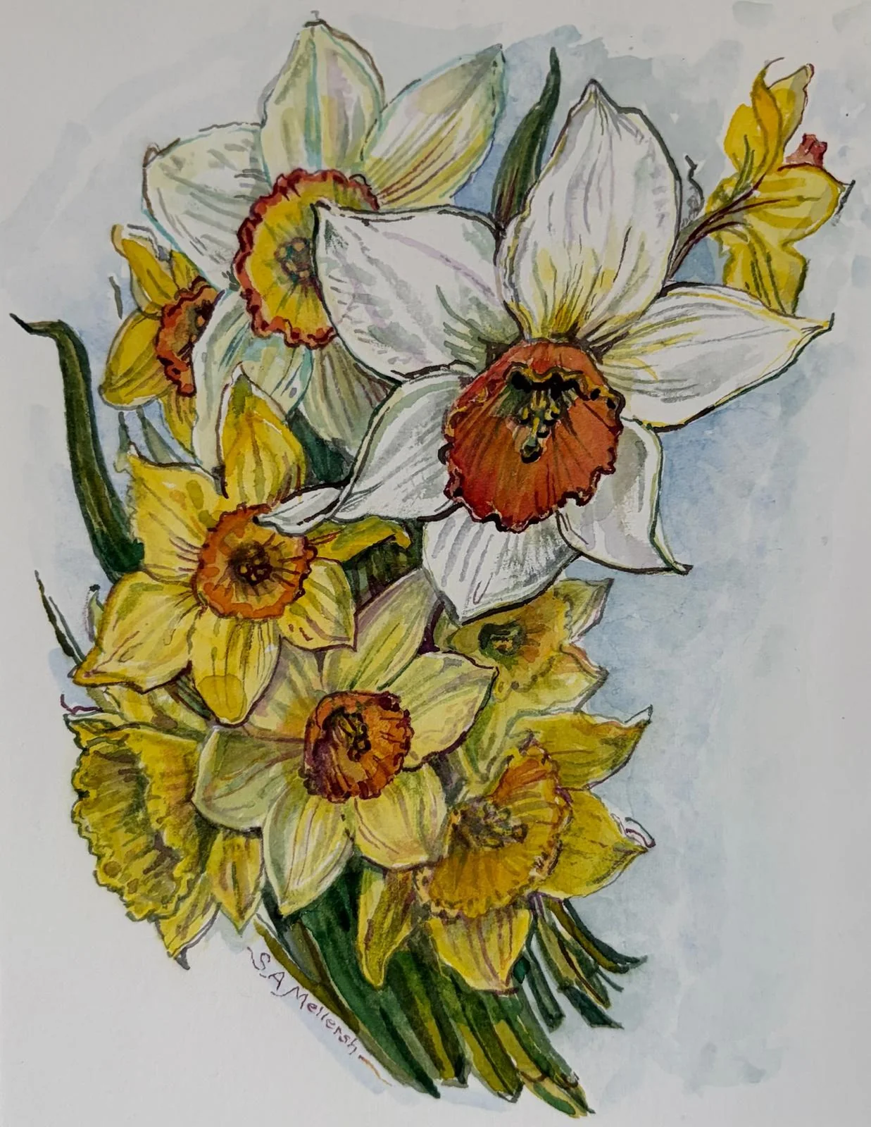 White and yellow daffodils with orange centres arranged against a pale ground.